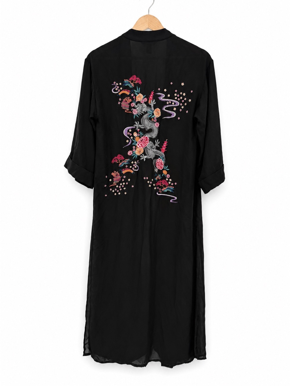 New Look Black Embroidered Dragon Longline Kimono Duster Cover Up Size US 2